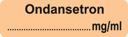Ondasetron Ondansetron label with a dotted line indicating a blank dosage field and mgml text on a peach rounded card