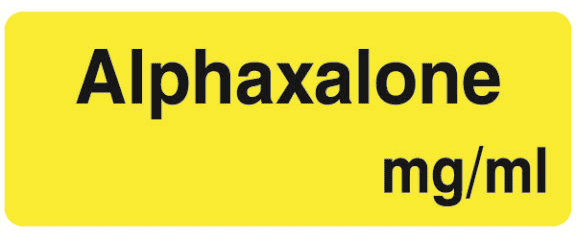 J2703 80 alfaxalone Yellow rounded label displaying the medicine name alphaxalone and mgml